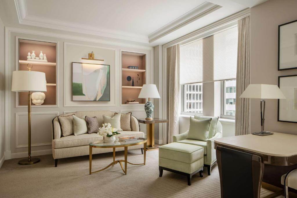 Waldorf Astoria New York glows with elegance, luxury lobby, set for spring 2025 reopening in Manhattan.