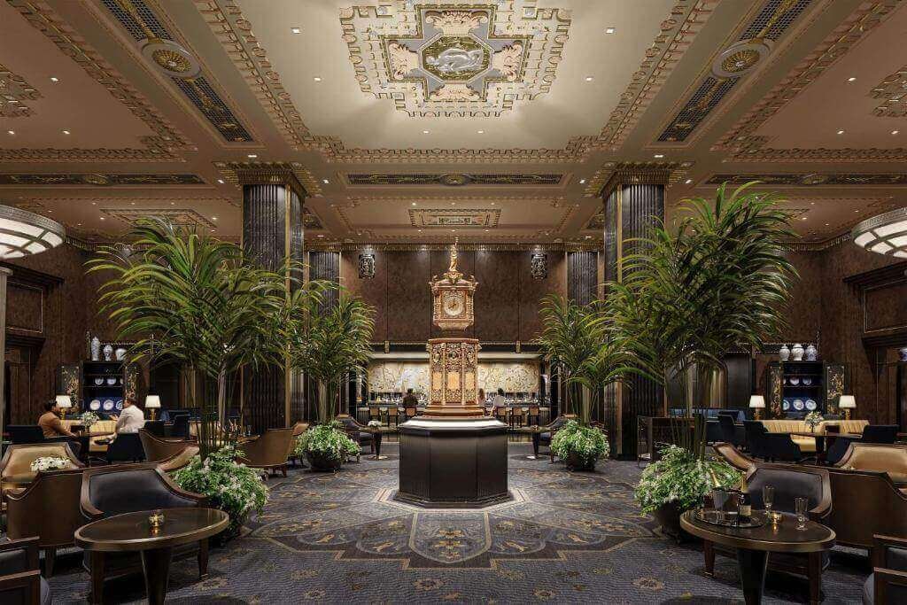 Unveiled, showcasing luxury lobby, set for spring 2025 reopening in Manhattan.